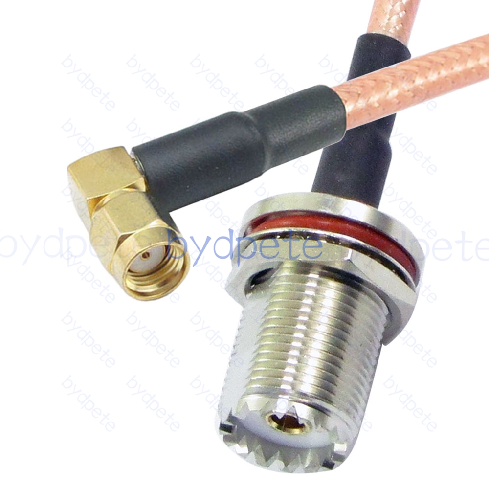 BPC047UHF142W1R2 UHF Female Bulkhead Waterproof SO239 Jack to RPSMA Male Right Angle 90Degree Reverse Polarity RG-142 Coaxial Cable UHF Cable RG142 Assembly Coax Pigtial Jumper